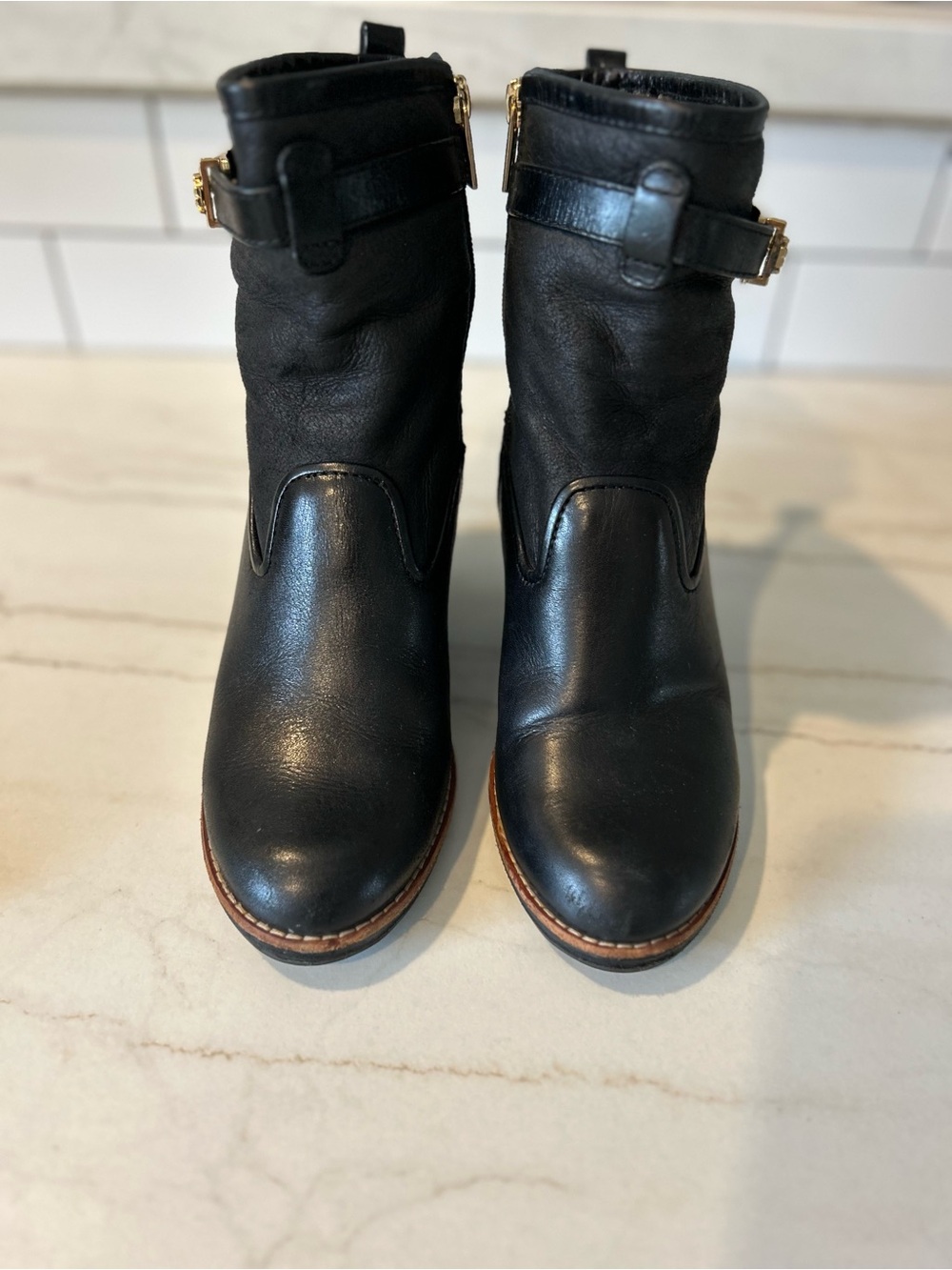 Tory Burch Primrose Black Leather Shearling-Lined Wedge Booties